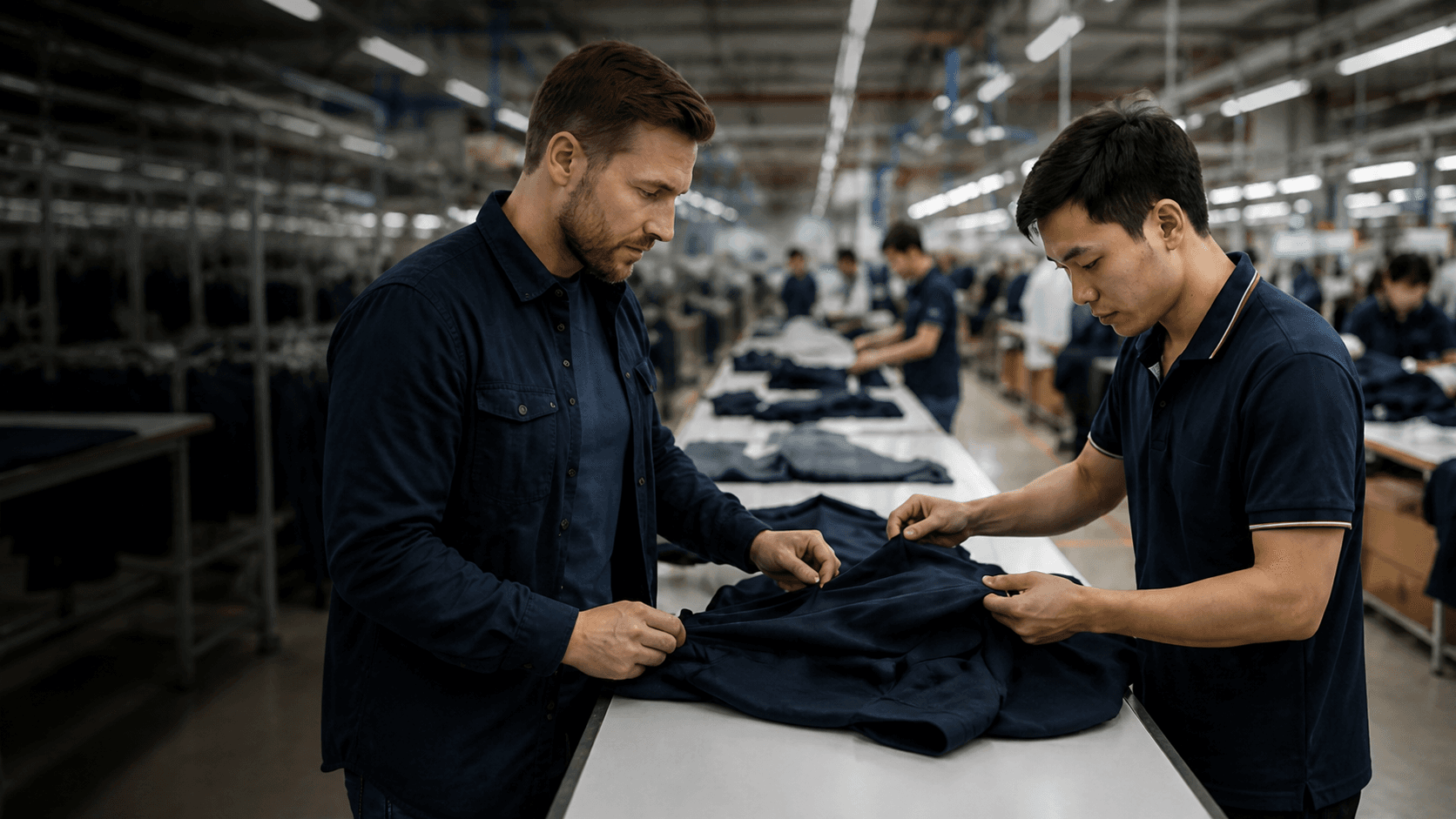 International buyer and Vietnamese apparel specialist inspecting a garment